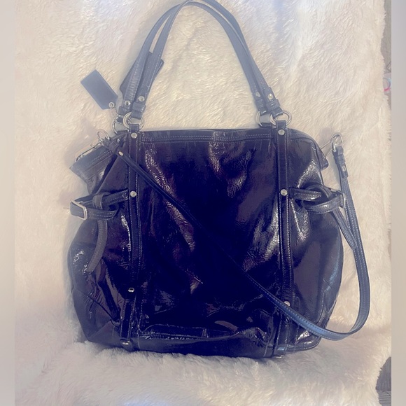 Coach Navy Blue Patent Leather Perforated Signature Audrey Andie Bag EUC - Picture 4 of 14